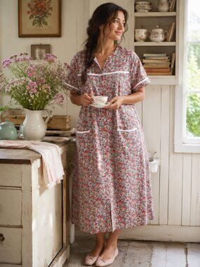 Yozly Floral Snap Front House Dress Duster Robe Cottagecore NWT L